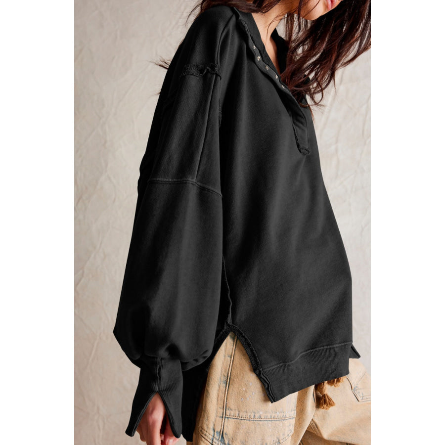 Exposed Seam Side Slit Long Sleeve Sweatshirt Apparel and Accessories