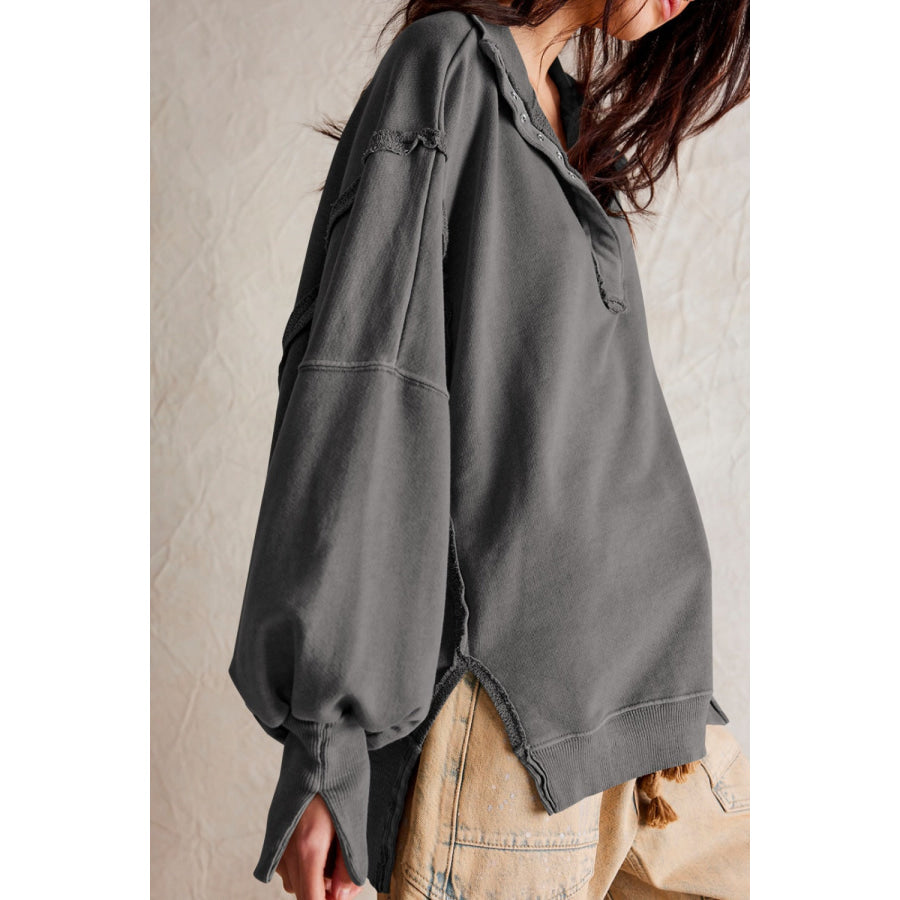 Exposed Seam Side Slit Long Sleeve Sweatshirt Apparel and Accessories