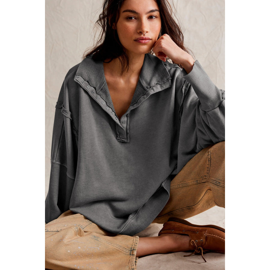 Exposed Seam Side Slit Long Sleeve Sweatshirt Apparel and Accessories