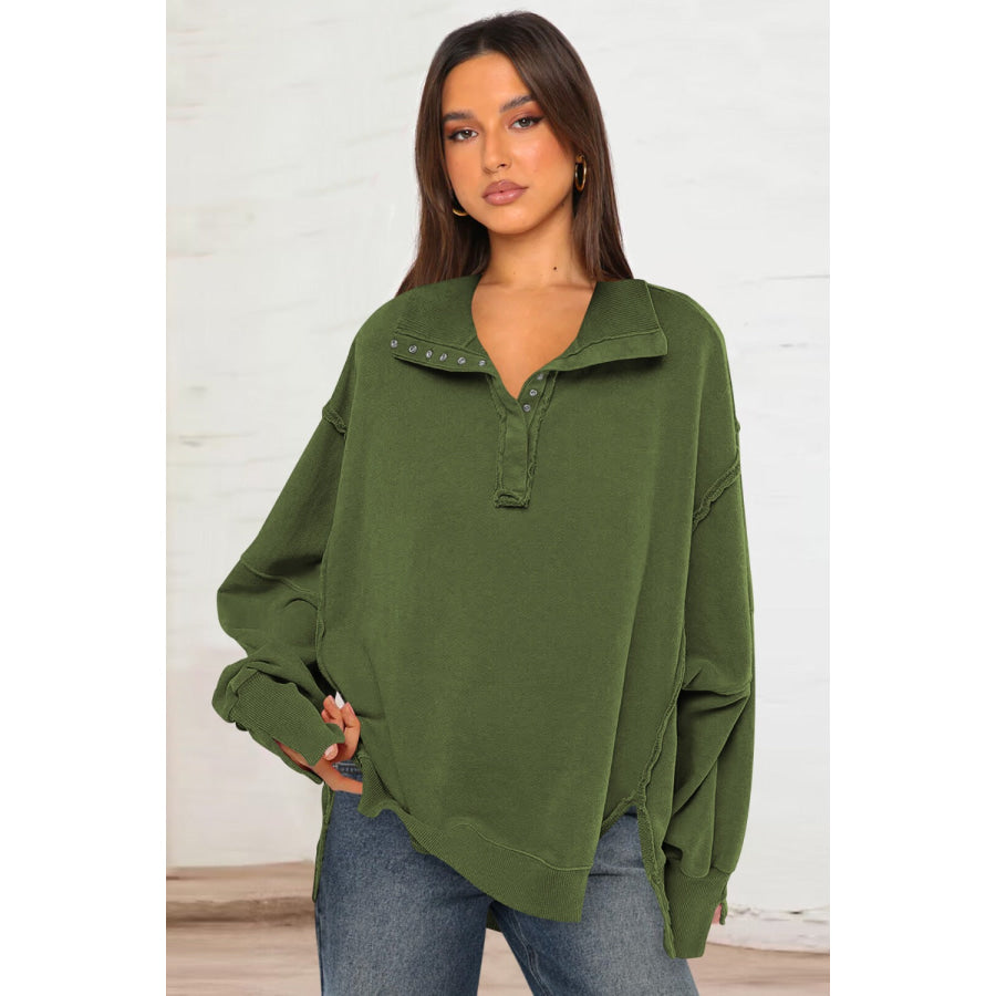 Exposed Seam Side Slit Long Sleeve Sweatshirt Army Green / S Apparel and Accessories