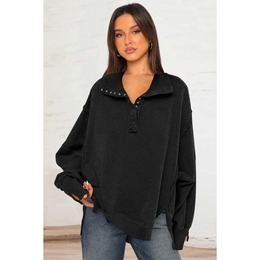 Exposed Seam Side Slit Long Sleeve Sweatshirt Black / S Apparel and Accessories