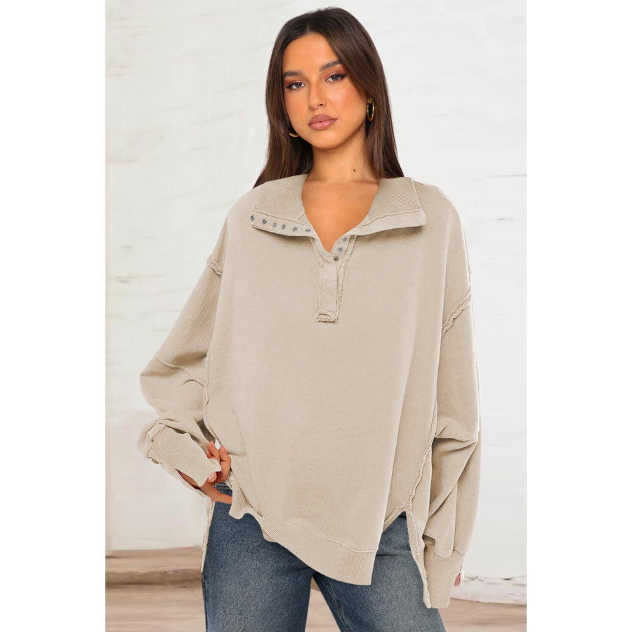 Exposed Seam Side Slit Long Sleeve Sweatshirt Cream / S Apparel and Accessories