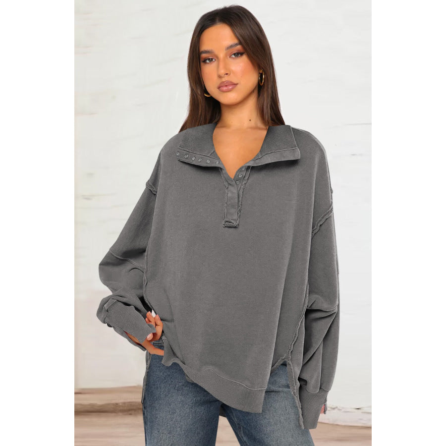 Exposed Seam Side Slit Long Sleeve Sweatshirt Dark Gray / S Apparel and Accessories