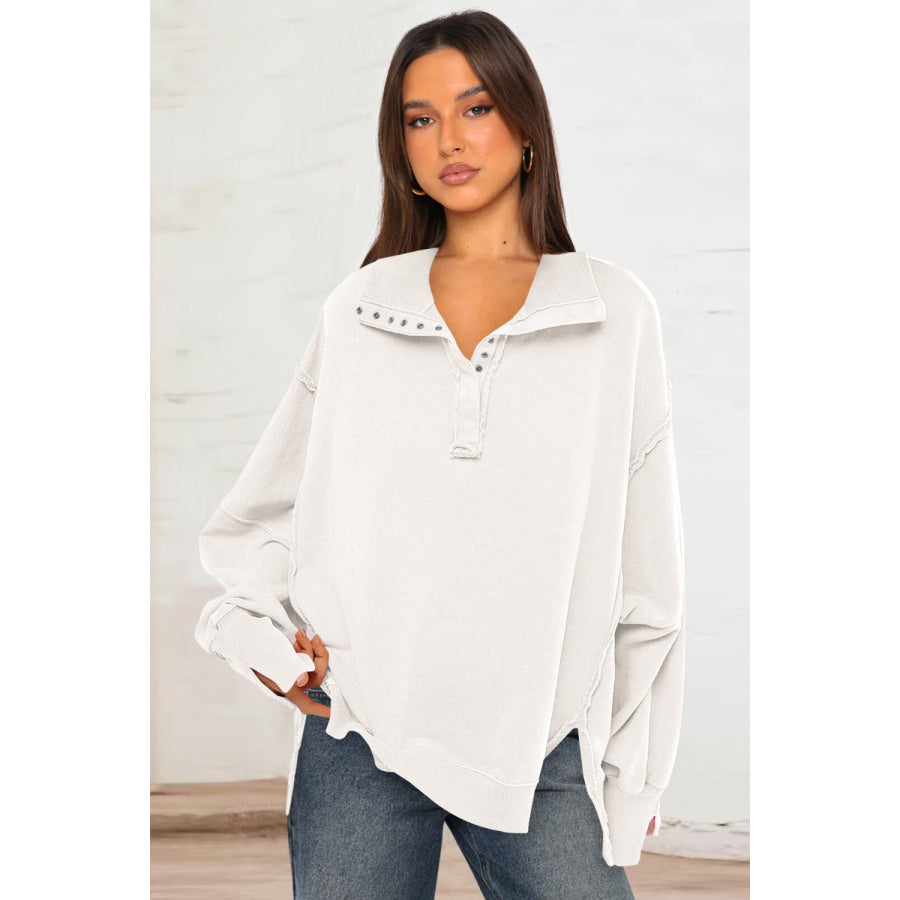 Exposed Seam Side Slit Long Sleeve Sweatshirt White / S Apparel and Accessories