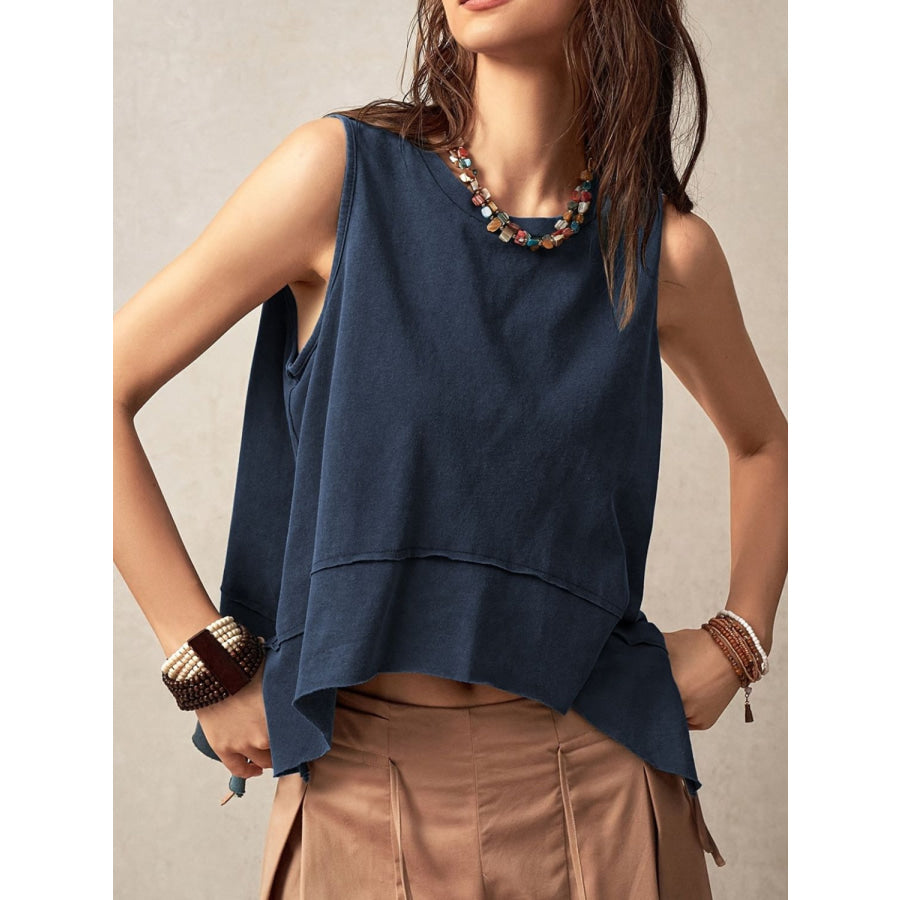 Exposed Seam Side Slit Round Neck Tank Apparel and Accessories