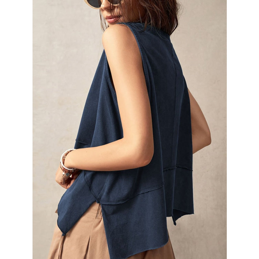 Exposed Seam Side Slit Round Neck Tank Navy / S Apparel and Accessories