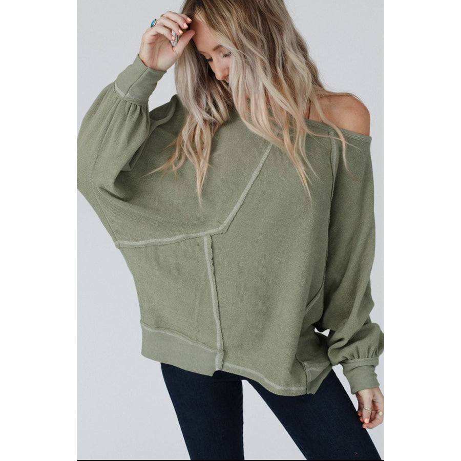 Exposed Seam Single Shoulder Long Sleeve Top Apparel and Accessories