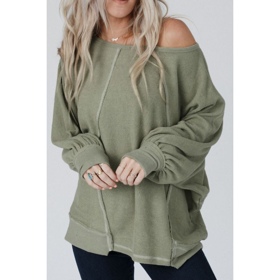 Exposed Seam Single Shoulder Long Sleeve Top Apparel and Accessories