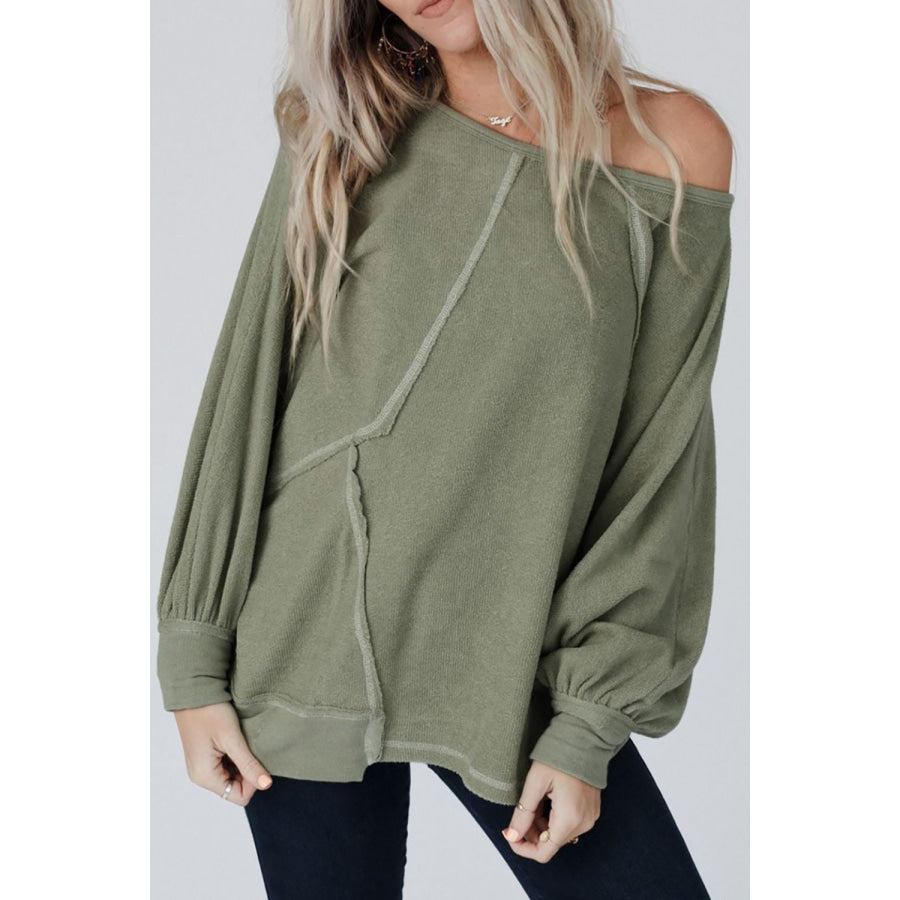 Exposed Seam Single Shoulder Long Sleeve Top Sage / S Apparel and Accessories