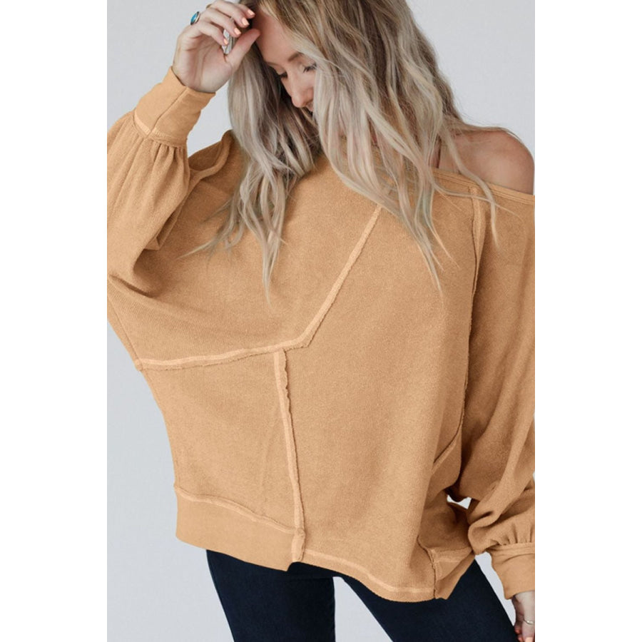 Exposed Seam Single Shoulder Long Sleeve Top Sherbet / S Apparel and Accessories