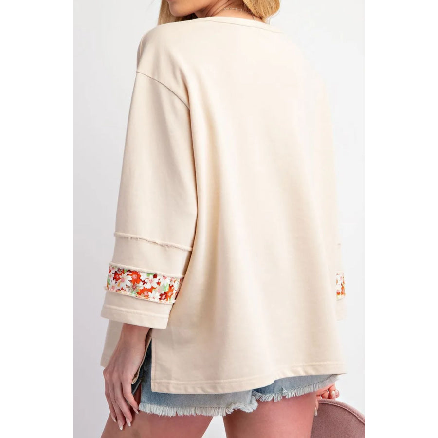 Exposed Seam Slit Floral Round Neck Blouse Ivory / S Apparel and Accessories