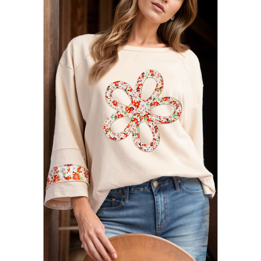 Exposed Seam Slit Floral Round Neck Blouse Ivory / S Apparel and Accessories