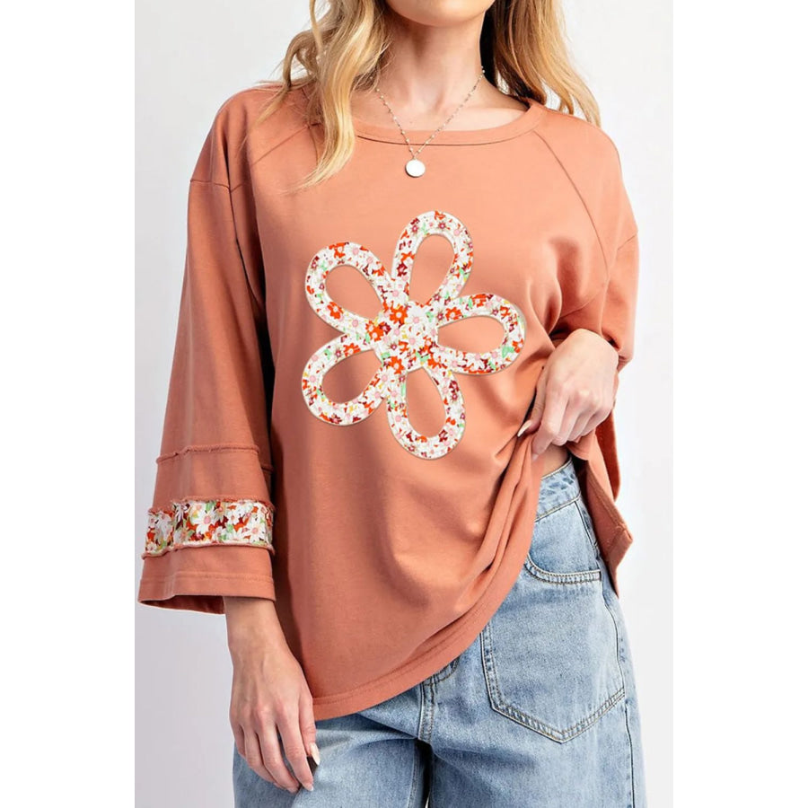 Exposed Seam Slit Floral Round Neck Blouse Sherbet / S Apparel and Accessories