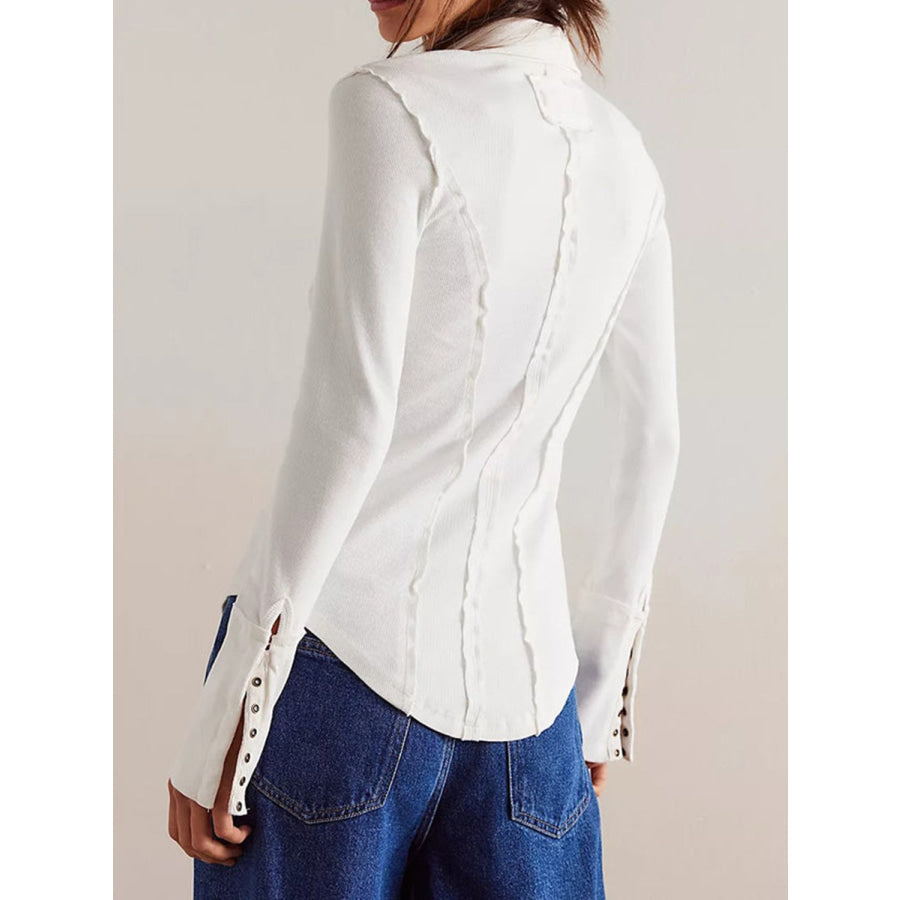 Exposed Seam Snap Down Collared Neck Long Sleeve Top White / S Apparel and Accessories