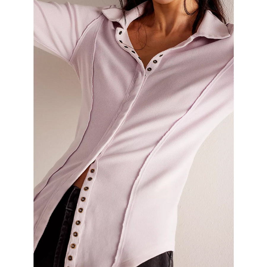 Exposed Seam Snap Down Collared Neck Long Sleeve Top Apparel and Accessories