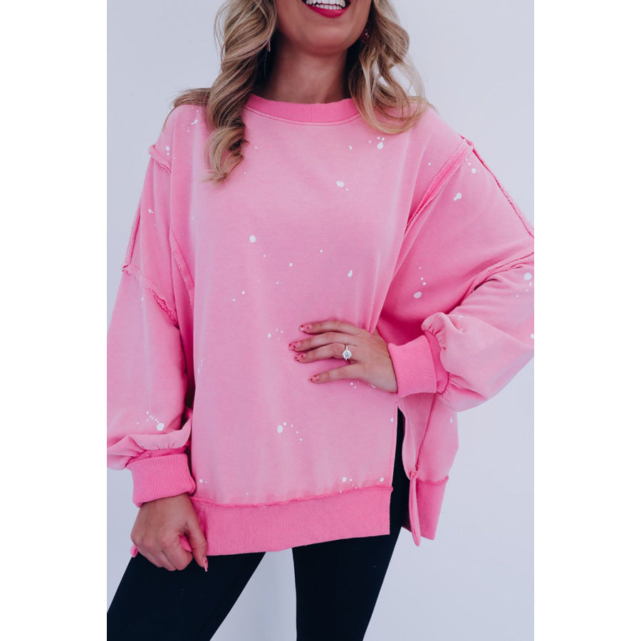 Exposed Seam Splatter Print Round Neck Sweatshirt Pink / S Apparel and Accessories