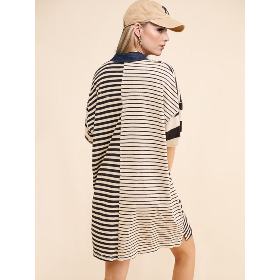 Exposed Seam Striped Half Sleeve Mini Dress Apparel and Accessories