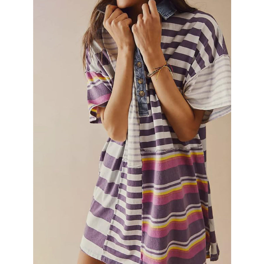 Exposed Seam Striped Half Sleeve Mini Dress Apparel and Accessories