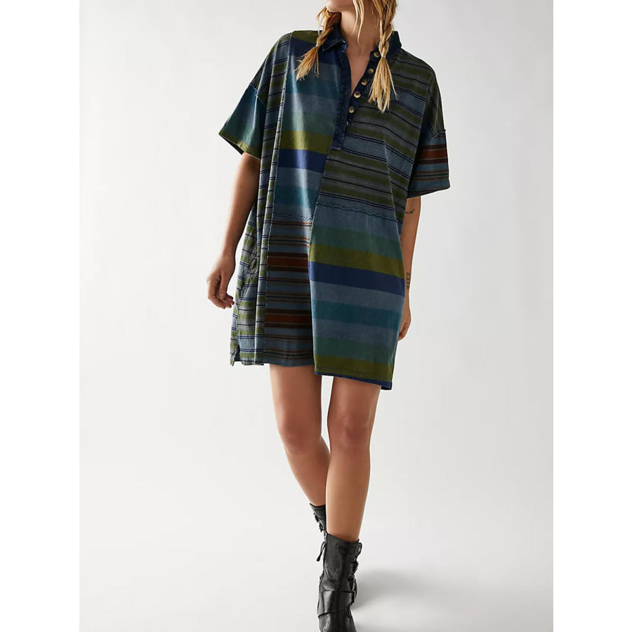 Exposed Seam Striped Half Sleeve Mini Dress Apparel and Accessories