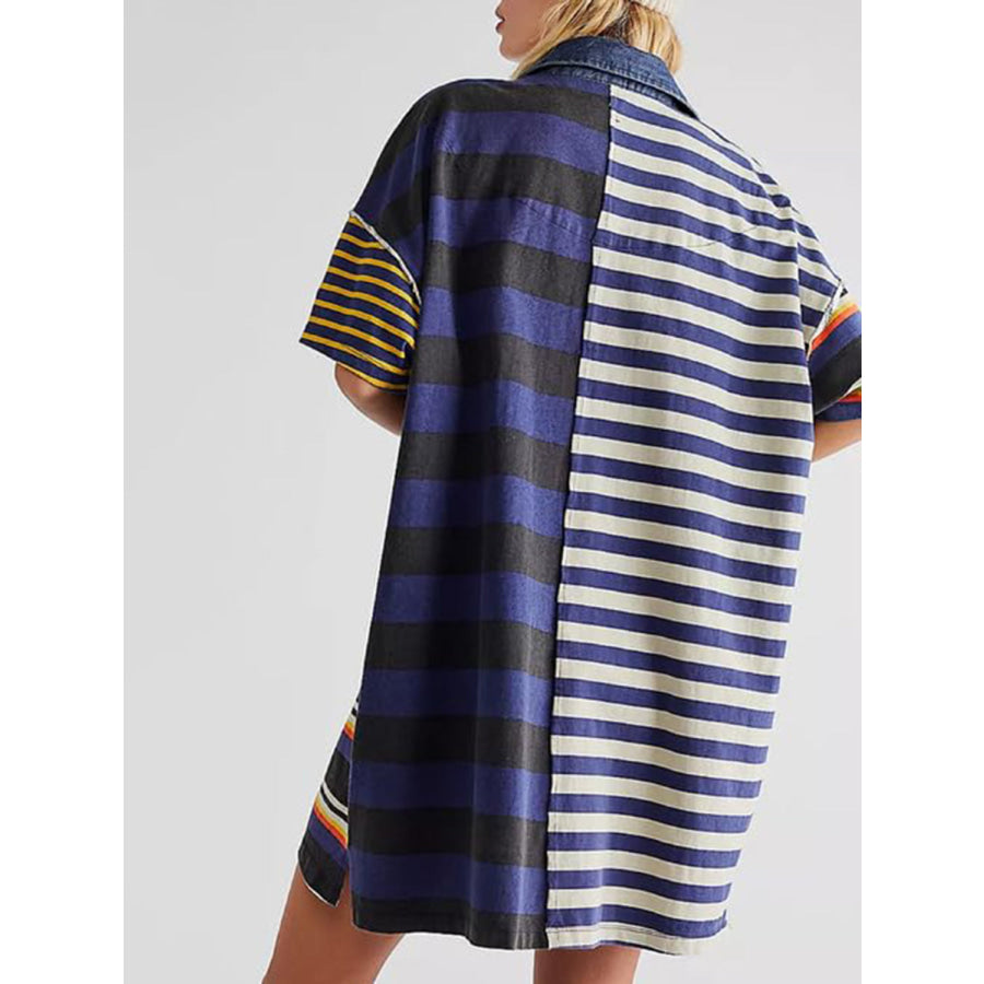 Exposed Seam Striped Half Sleeve Mini Dress Apparel and Accessories