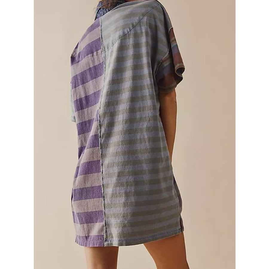 Exposed Seam Striped Half Sleeve Mini Dress Apparel and Accessories