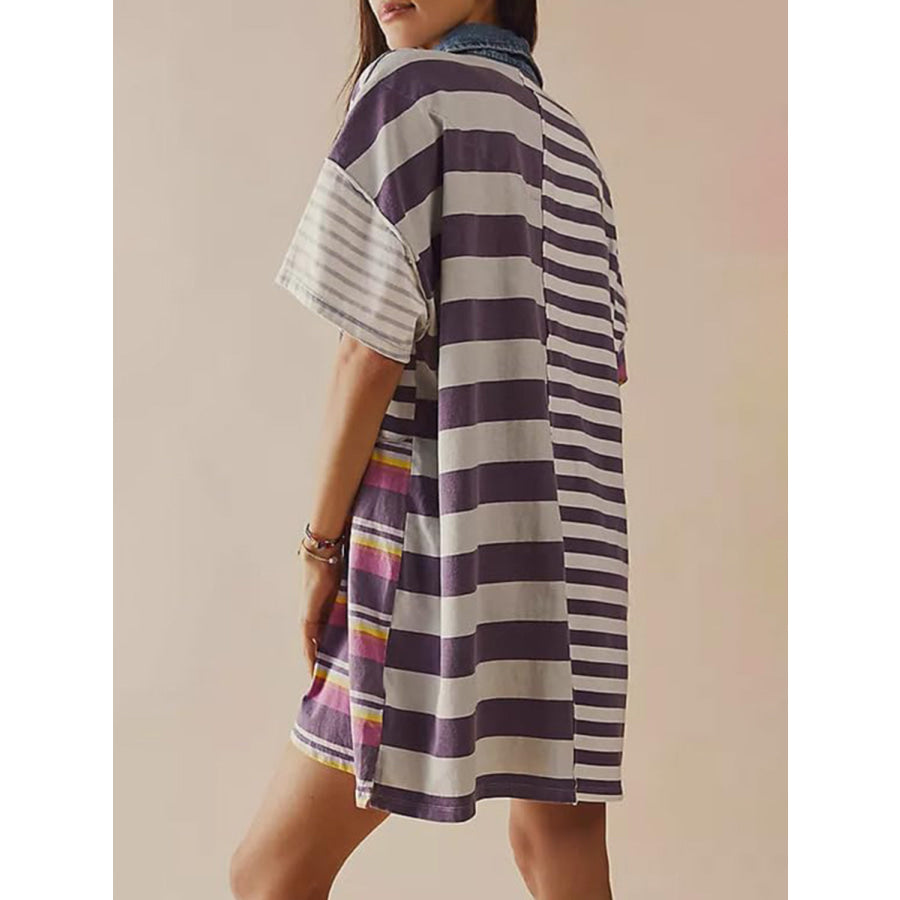 Exposed Seam Striped Half Sleeve Mini Dress Apparel and Accessories