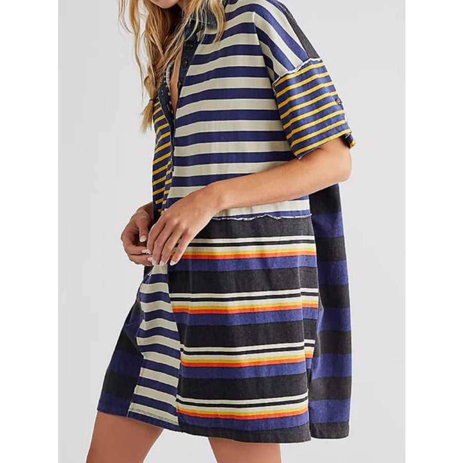 Exposed Seam Striped Half Sleeve Mini Dress Apparel and Accessories