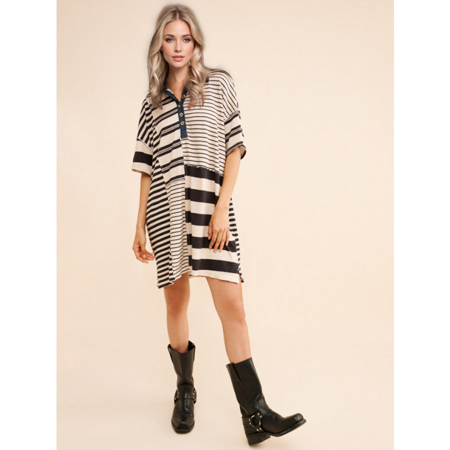 Exposed Seam Striped Half Sleeve Mini Dress Apparel and Accessories