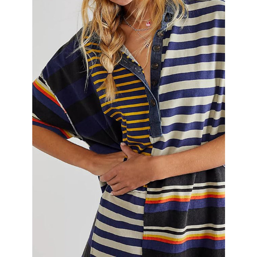 Exposed Seam Striped Half Sleeve Mini Dress Apparel and Accessories