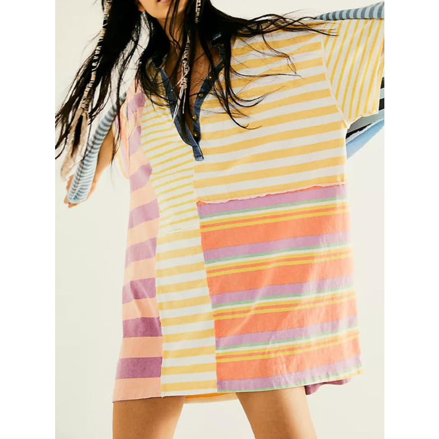 Exposed Seam Striped Half Sleeve Mini Dress Apparel and Accessories