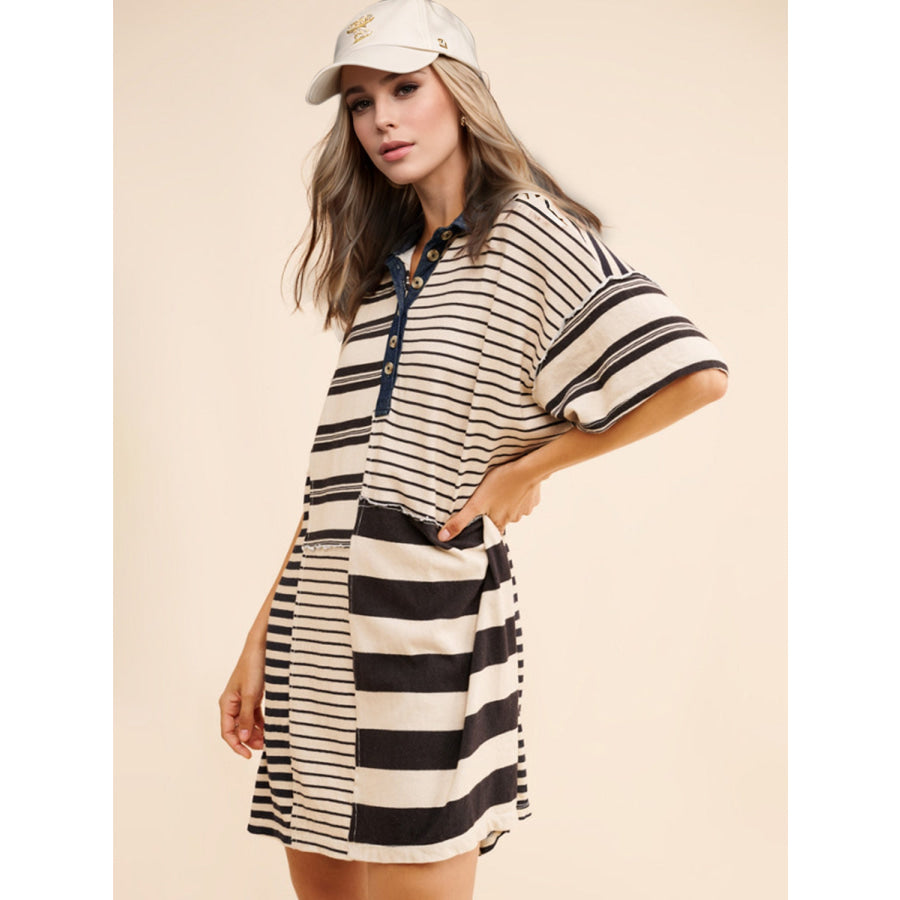 Exposed Seam Striped Half Sleeve Mini Dress Apparel and Accessories