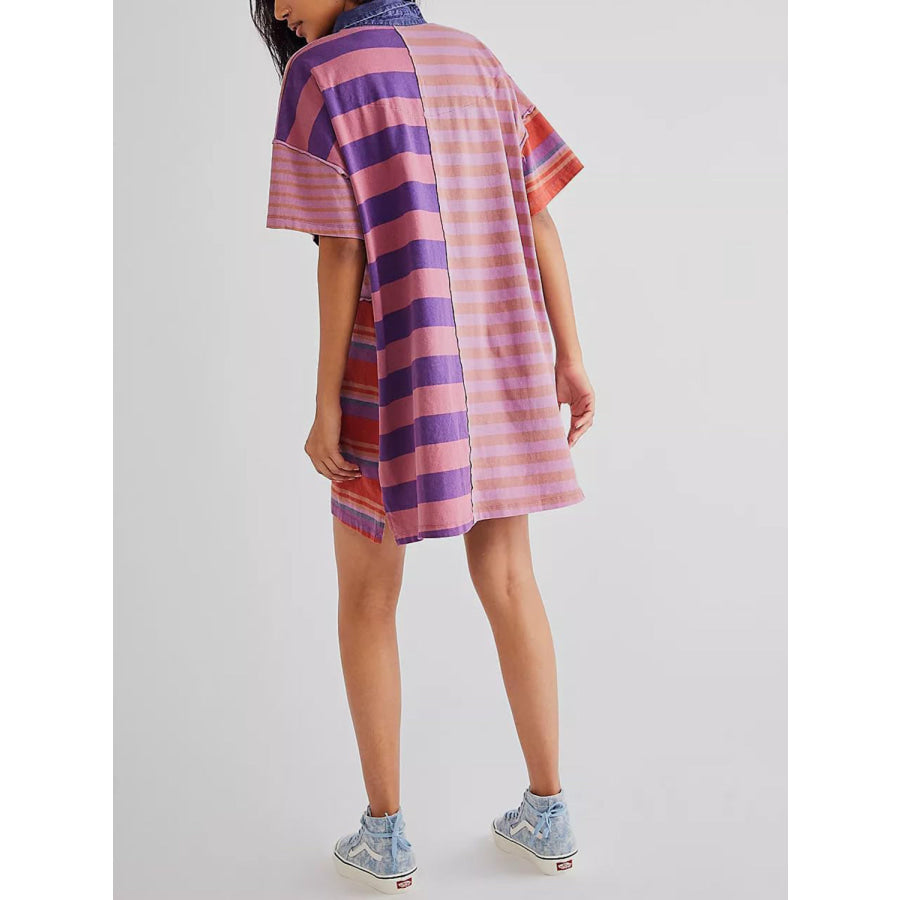 Exposed Seam Striped Half Sleeve Mini Dress Moonlit Mauve / S Apparel and Accessories