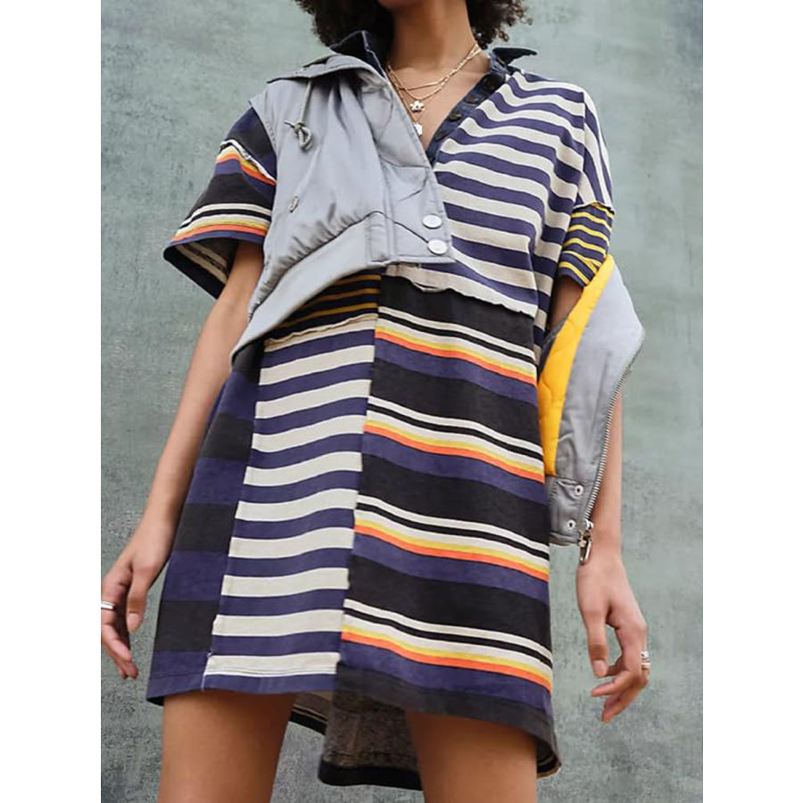 Exposed Seam Striped Half Sleeve Mini Dress Dark Blue / S Apparel and Accessories