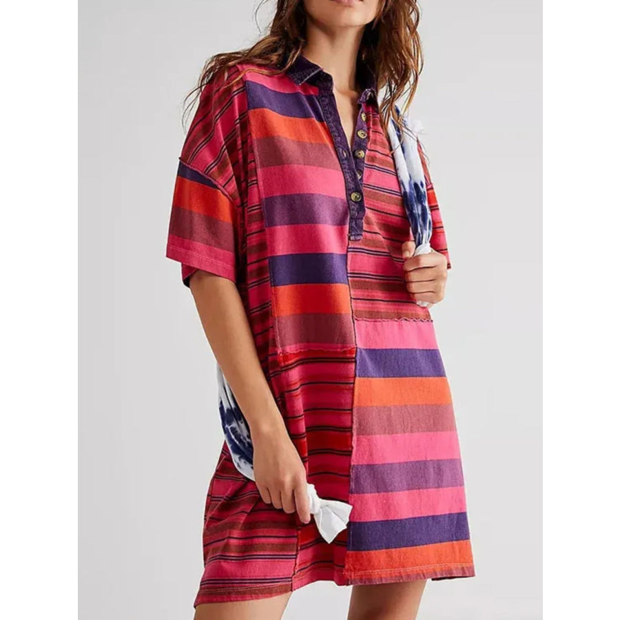 Exposed Seam Striped Half Sleeve Mini Dress Deep Rose / S Apparel and Accessories