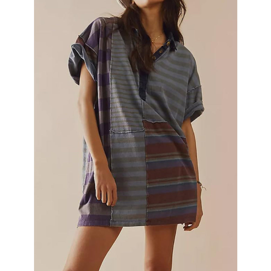 Exposed Seam Striped Half Sleeve Mini Dress Dusty Blue / S Apparel and Accessories