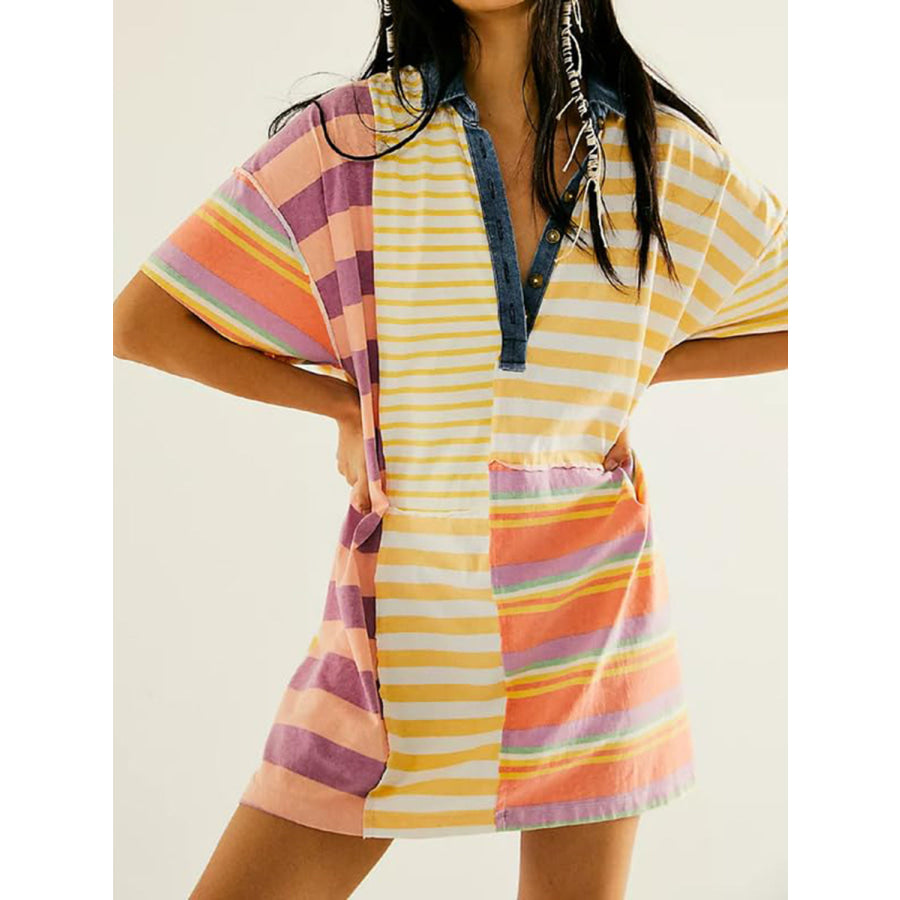 Exposed Seam Striped Half Sleeve Mini Dress Light Yellow / S Apparel and Accessories