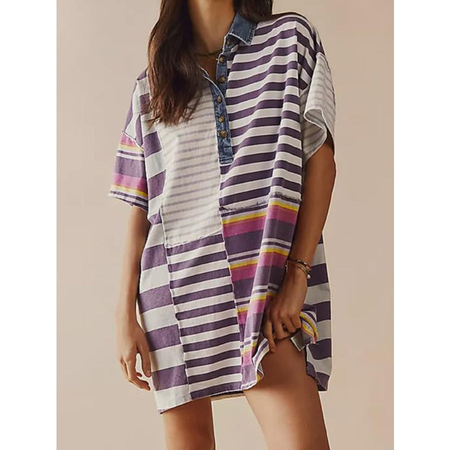 Exposed Seam Striped Half Sleeve Mini Dress Lilac / S Apparel and Accessories