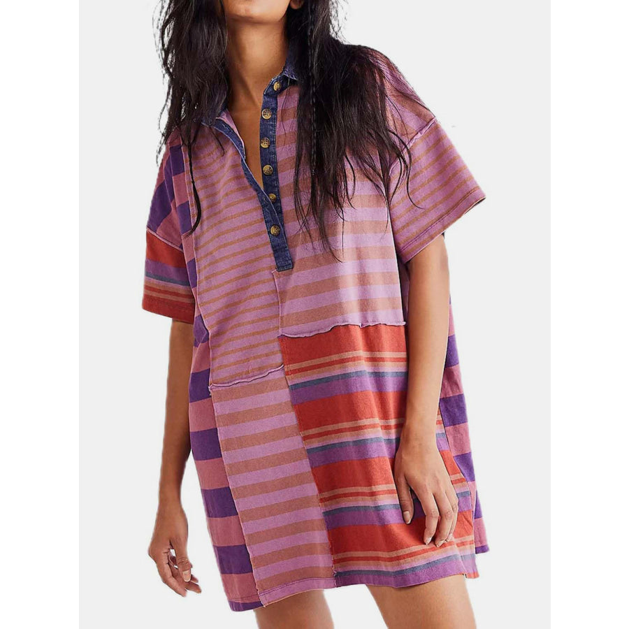 Exposed Seam Striped Half Sleeve Mini Dress Moonlit Mauve / S Apparel and Accessories