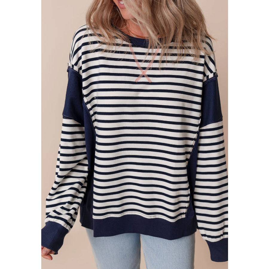 Exposed Seam Striped Long Sleeve Sweatshirt Apparel and Accessories