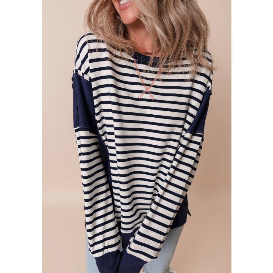 Exposed Seam Striped Long Sleeve Sweatshirt Apparel and Accessories