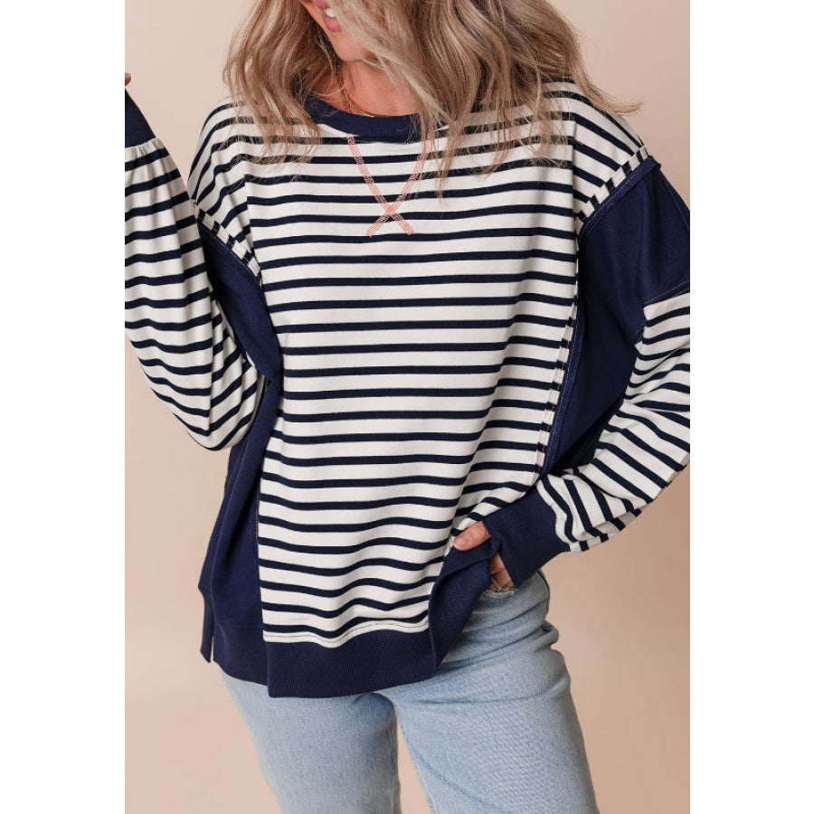 Exposed Seam Striped Long Sleeve Sweatshirt Apparel and Accessories