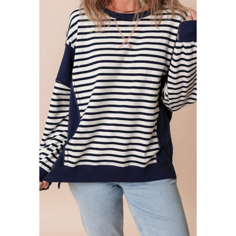 Exposed Seam Striped Long Sleeve Sweatshirt Apparel and Accessories