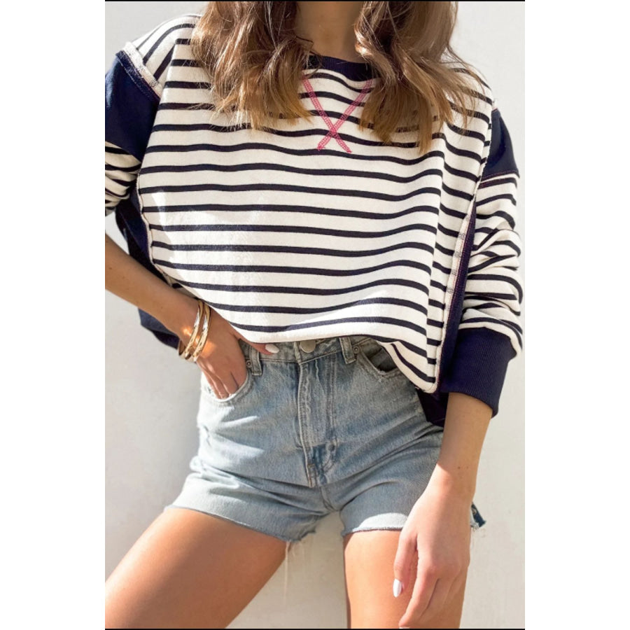 Exposed Seam Striped Long Sleeve Sweatshirt Apparel and Accessories