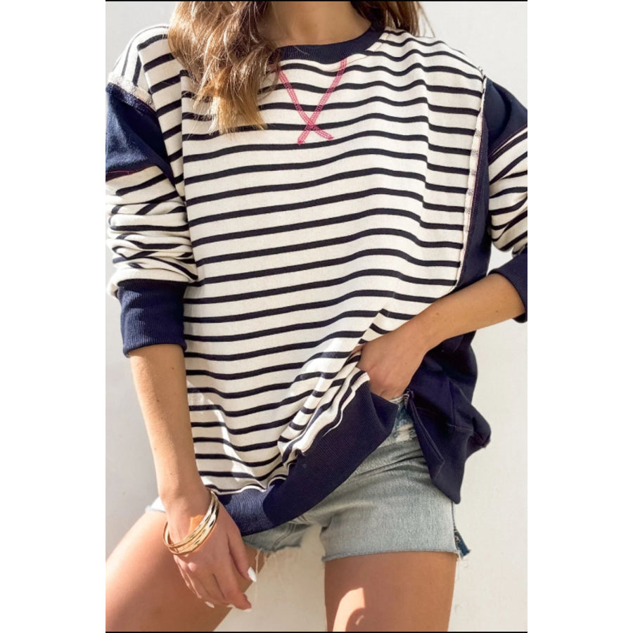 Exposed Seam Striped Long Sleeve Sweatshirt Dark Navy / S Apparel and Accessories