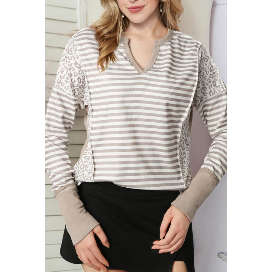 Exposed Seam Striped Notched Blouse