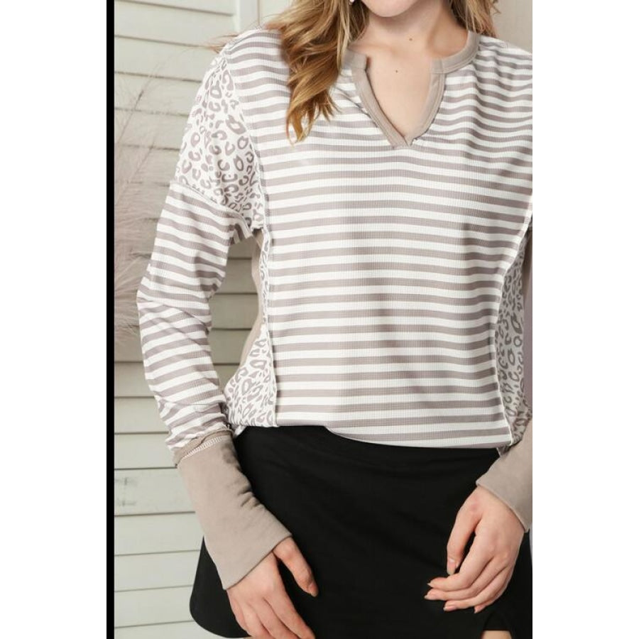 Exposed Seam Striped Notched Blouse