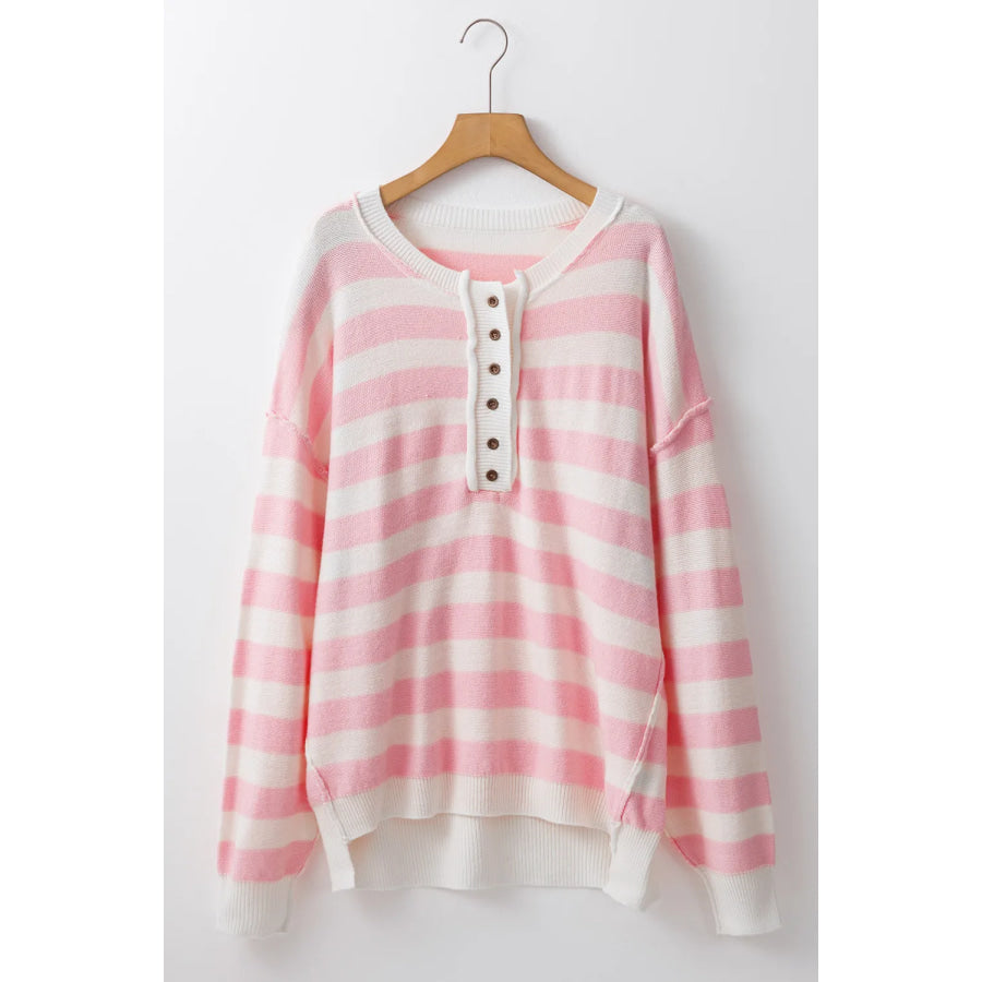 Exposed Seam Striped Round Neck Long Sleeve Sweater Apparel and Accessories