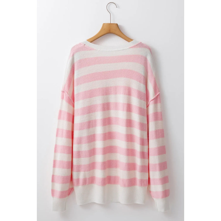 Exposed Seam Striped Round Neck Long Sleeve Sweater Apparel and Accessories