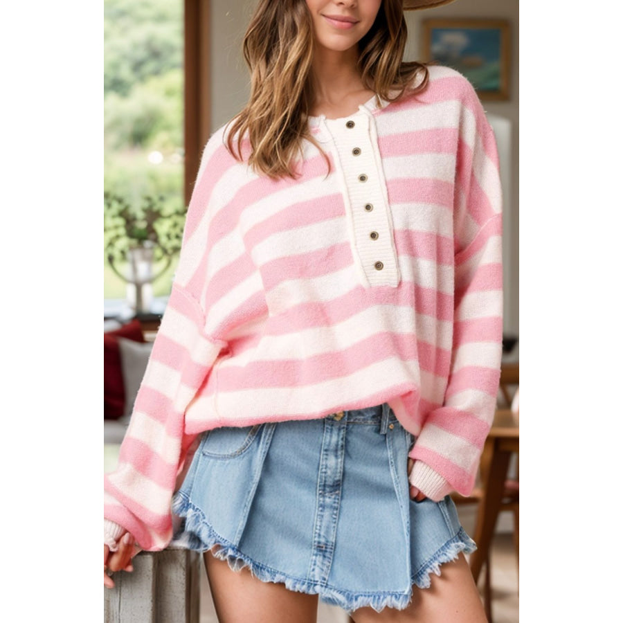 Exposed Seam Striped Round Neck Long Sleeve Sweater Blush Pink / S Apparel and Accessories