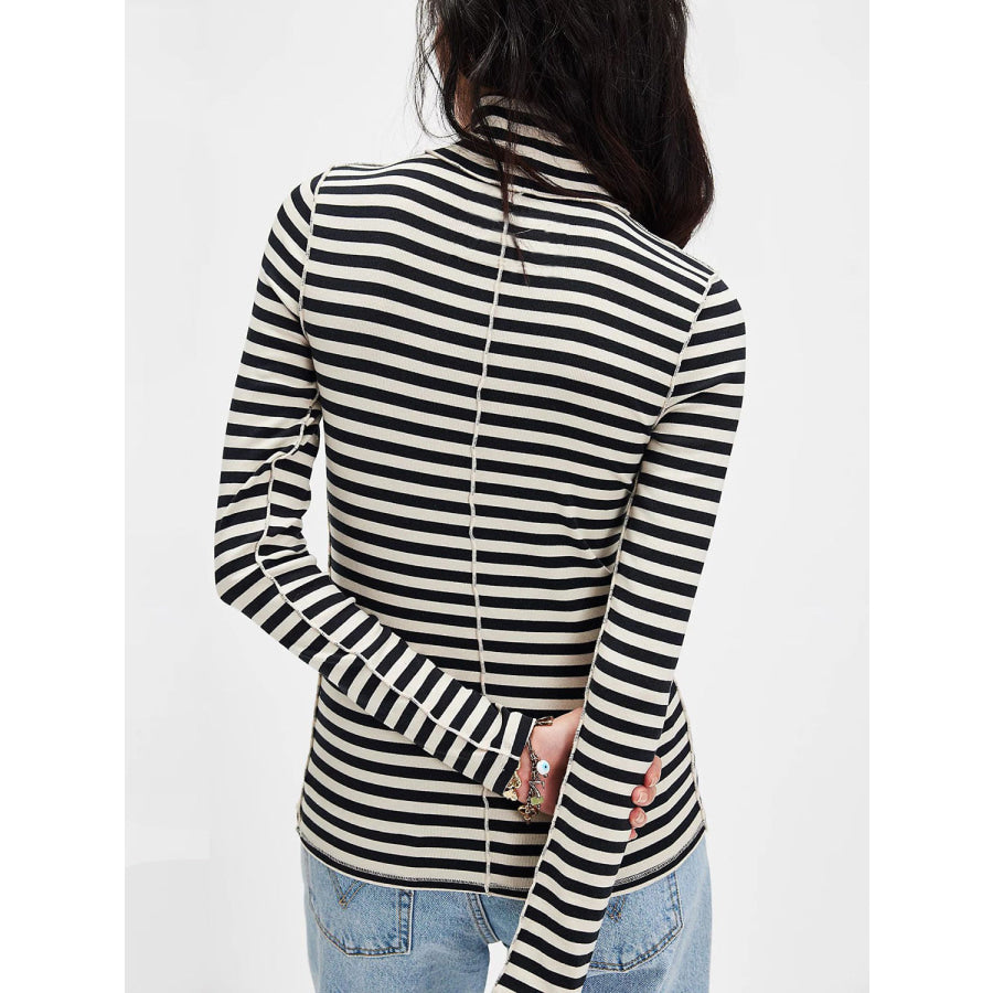 Exposed Seam Striped Turtleneck Long Sleeve T-Shirt Apparel and Accessories